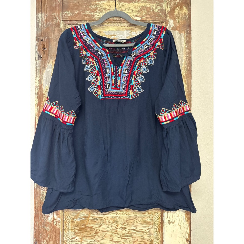 Navy Blue Embroidered Boho Tunic Top Bell Sleeve Split Neck Women's Large